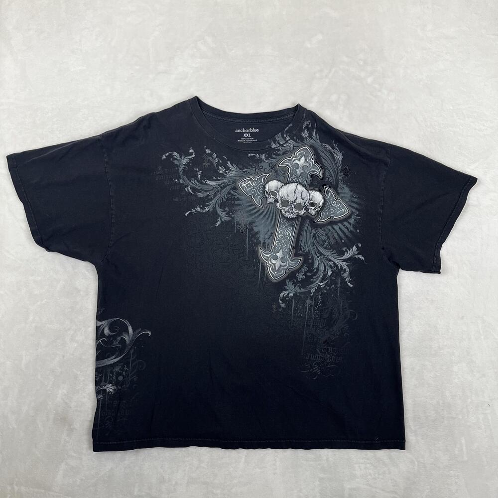 Vintage Anchor Blue T-Shirt Mens 2XL Black Skull Cross Graphic Gothic Y2K Cyber